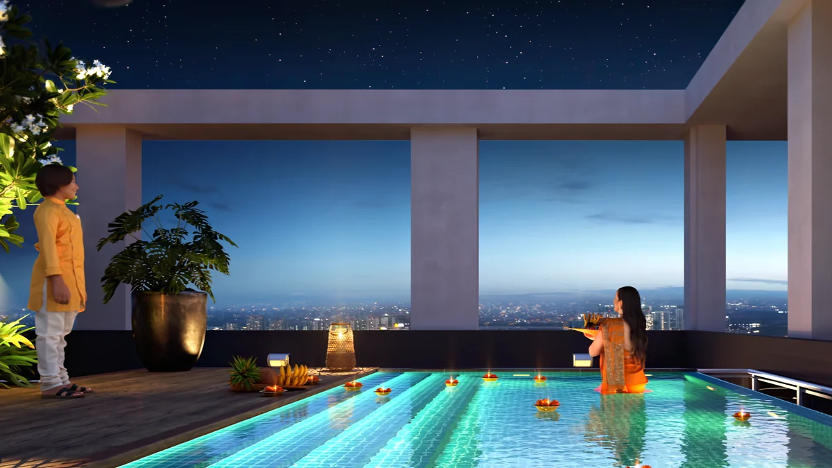 Chhath Puja pool on the rooftop terrace, with diyas floating on the water