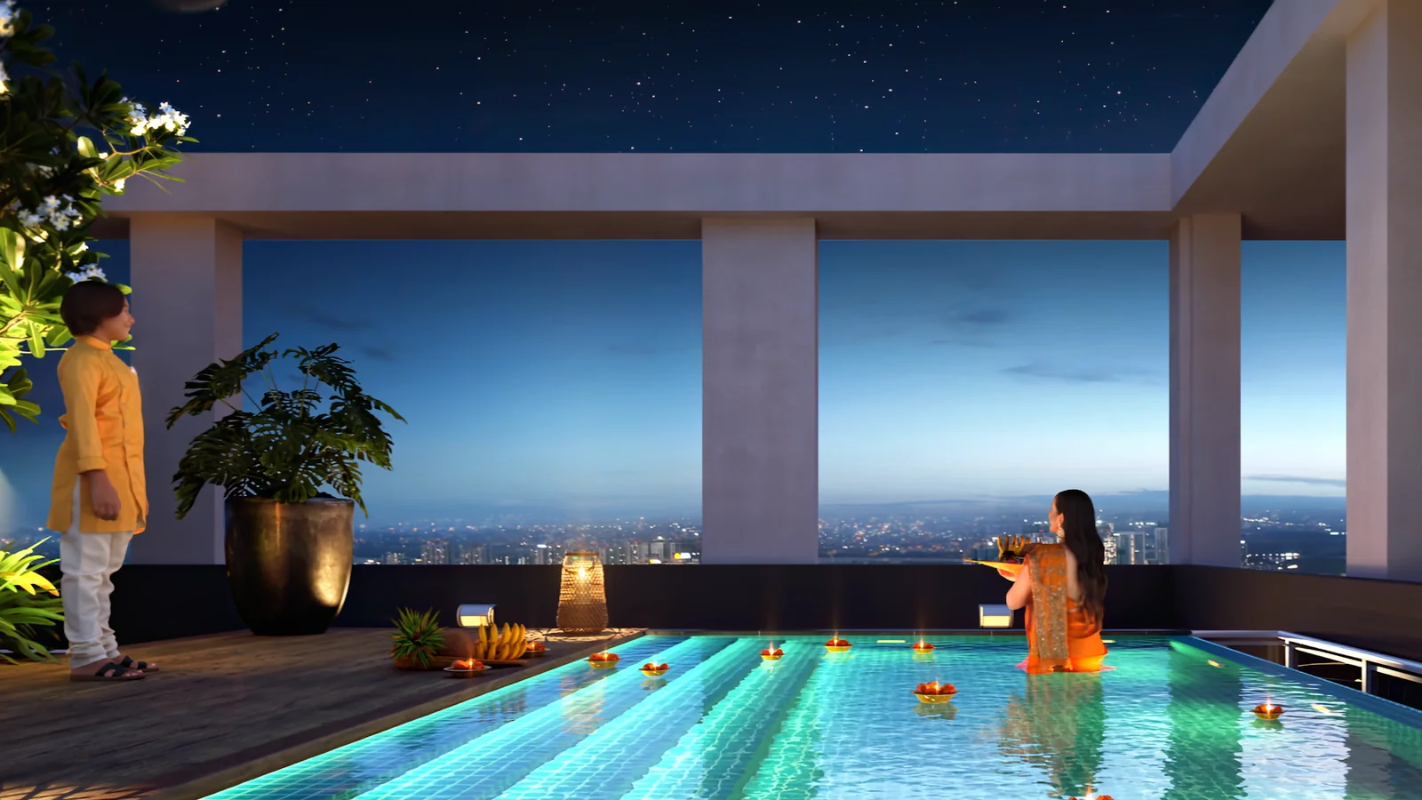 Chhath Puja pool on the rooftop terrace, with diyas floating on the water